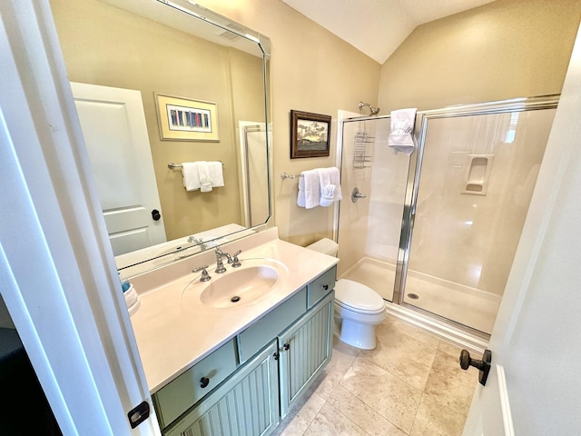 2450 Bungalo Ln, Miramar Beach, FL 32550 - full bathroom with a stall shower, toilet, lofted ceiling, and vanity