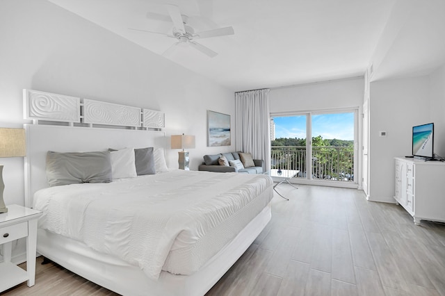 bedroom with access to outside, light hardwood / wood-style flooring, and ceiling fan