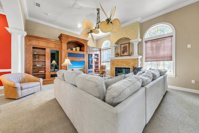 4705 Seastar Vis, Destin, FL 32541 - living room featuring crown molding, ornate columns, light colored carpet, and visible vents