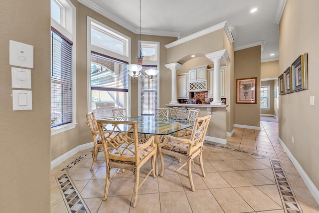 4705 Seastar Vis, Destin, FL 32541 - dining room with recessed lighting, baseboards, light tile patterned floors, ornate columns, and ornamental molding