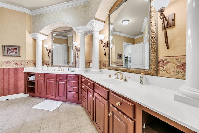 4705 Seastar Vis, Destin, FL 32541 - full bath featuring crown molding, a sink, double vanity, wallpapered walls, and ornate columns
