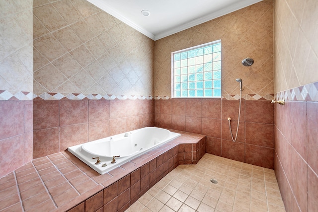4705 Seastar Vis, Destin, FL 32541 - bathroom featuring crown molding, tile walls, a tile shower, and a jetted tub