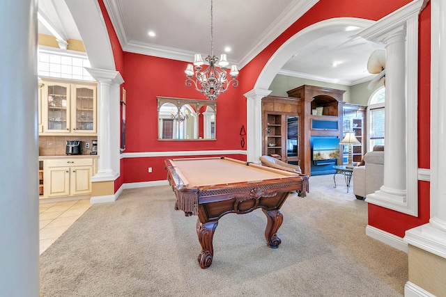 4705 Seastar Vis, Destin, FL 32541 - recreation room featuring ornate columns, crown molding, pool table, and light carpet