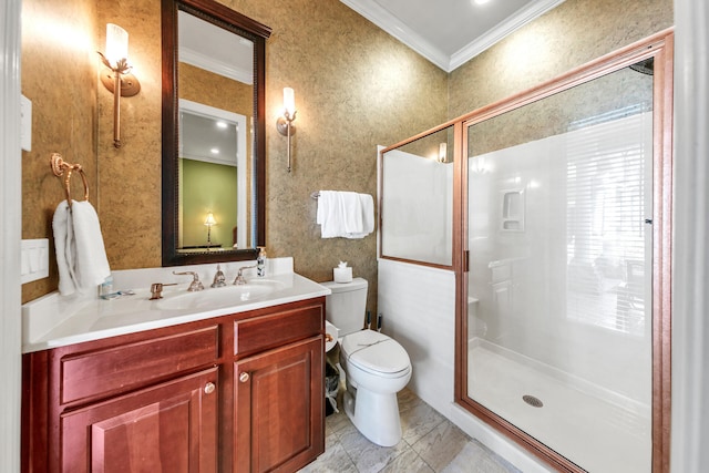 4705 Seastar Vis, Destin, FL 32541 - bathroom with vanity, ornamental molding, toilet, and a shower stall