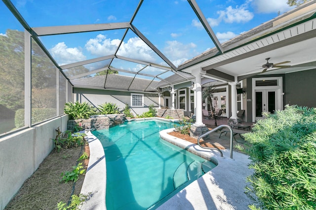 4705 Seastar Vis, Destin, FL 32541 - pool featuring a ceiling fan, glass enclosure, a patio area, and french doors