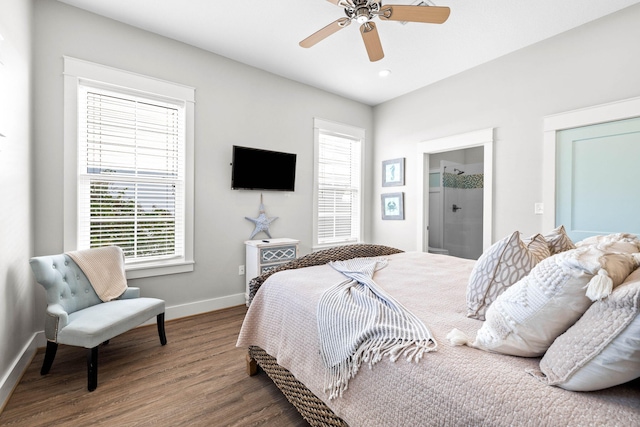 bedroom with ceiling fan and wood-type flooring