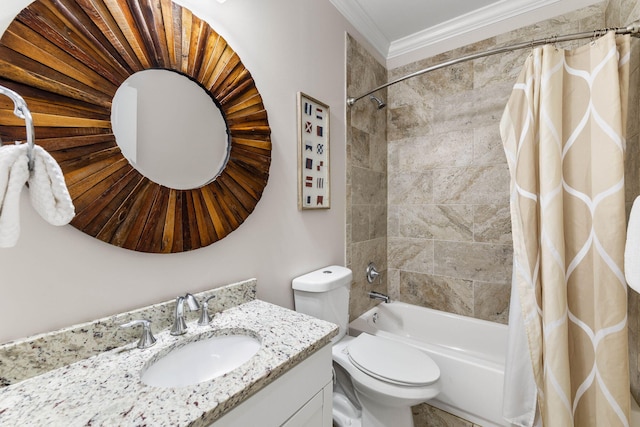 full bathroom featuring vanity, toilet, crown molding, and shower / bath combo