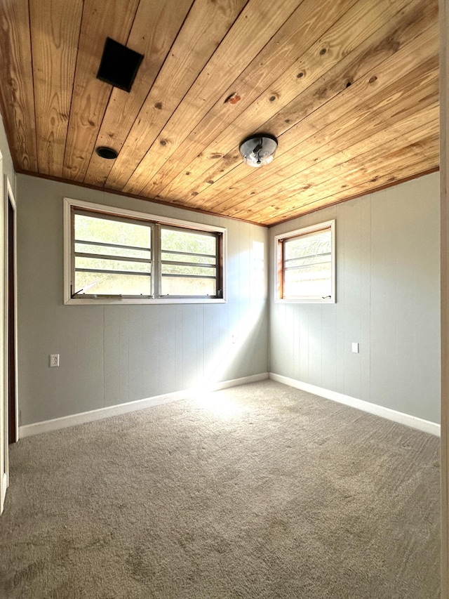 unfurnished room with carpet flooring, wood walls, and wooden ceiling