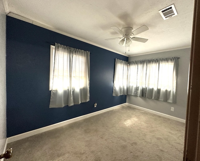 carpeted empty room with a textured ceiling, a wealth of natural light, crown molding, and ceiling fan