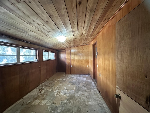 interior space with wooden ceiling and wooden walls