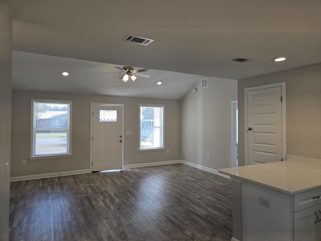 foyer entrance featuring lofted ceiling, plenty of natural light, ceiling fan, and dark hardwood / wood-style floors