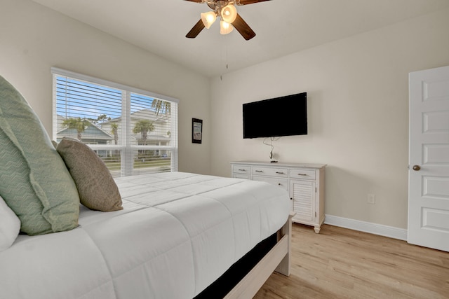 bedroom featuring light wood-type flooring and ceiling fan