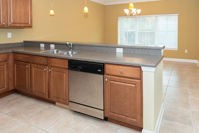 kitchen with ornamental molding, dishwasher, light tile patterned flooring, pendant lighting, and sink