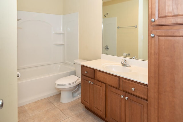 full bathroom with toilet, vanity,  shower combination, and tile patterned flooring