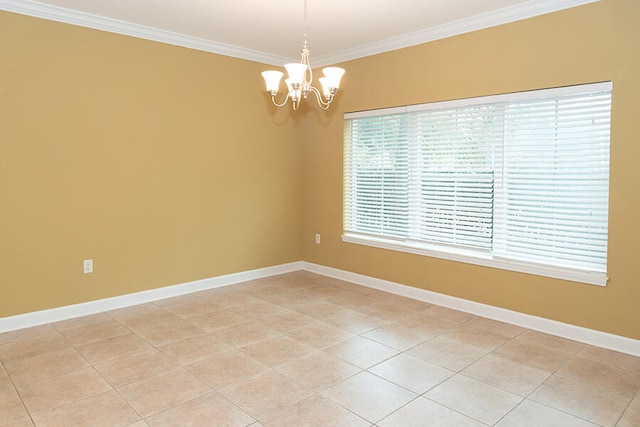 tiled empty room featuring ornamental molding and an inviting chandelier