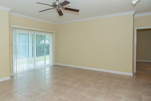 tiled empty room featuring crown molding and ceiling fan