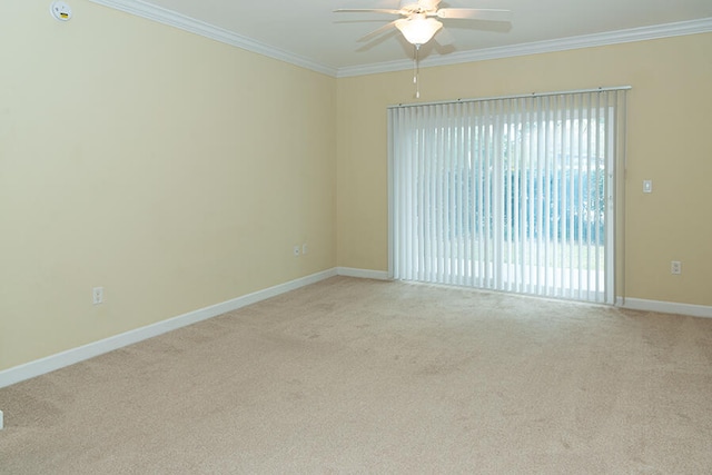 carpeted spare room with ceiling fan and ornamental molding