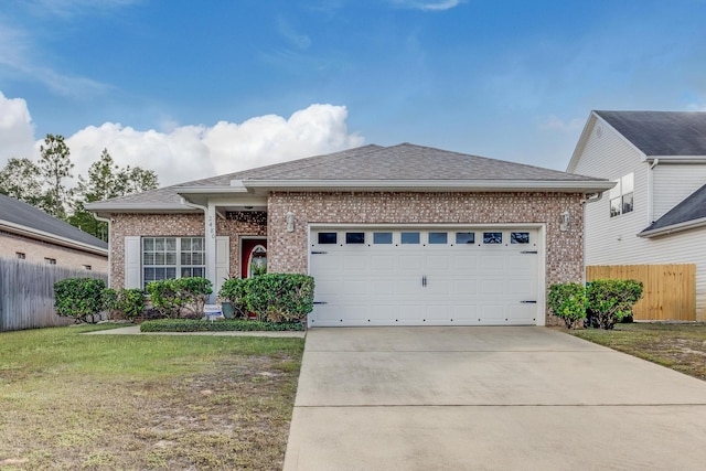 view of front of property with a garage and a front lawn