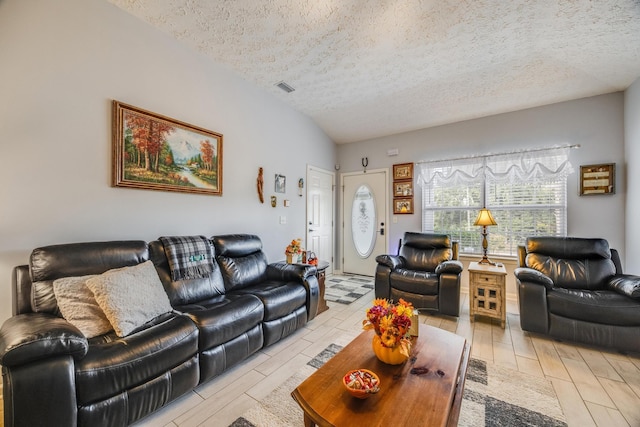 living room with a textured ceiling and vaulted ceiling