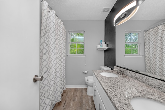 bathroom featuring vanity, a healthy amount of sunlight, hardwood / wood-style floors, and a textured ceiling