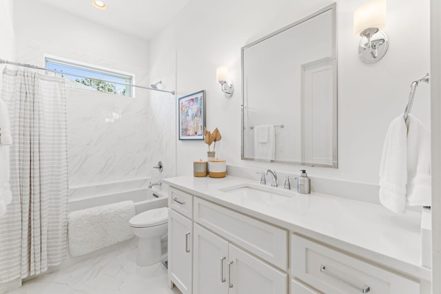 full bathroom featuring vanity, shower / tub combo, and toilet