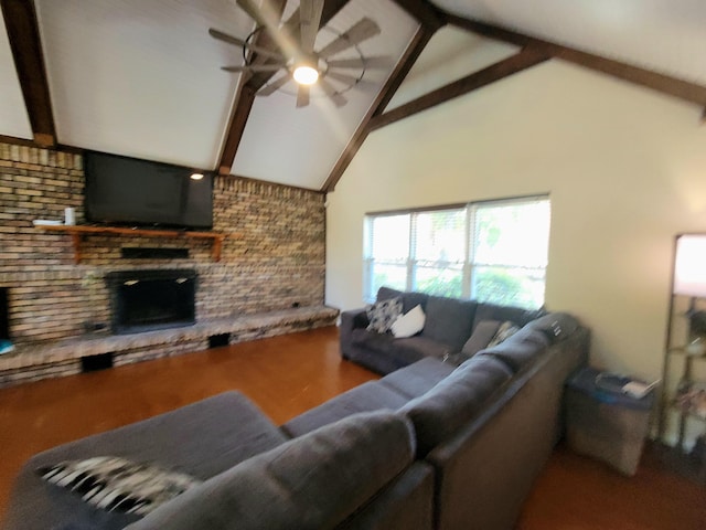 living room with beamed ceiling, ceiling fan, high vaulted ceiling, a fireplace, and hardwood / wood-style floors