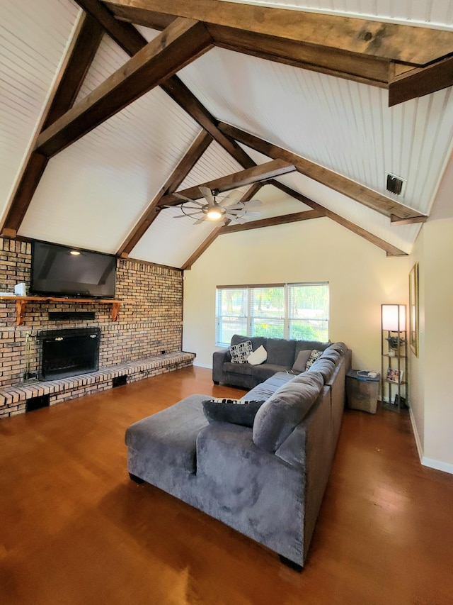 living room with a brick fireplace, lofted ceiling with beams, and ceiling fan