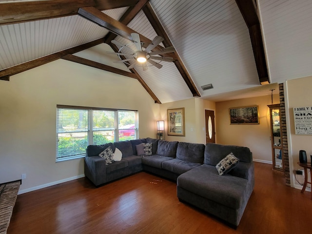 living room with beamed ceiling, dark hardwood / wood-style flooring, ceiling fan, and high vaulted ceiling