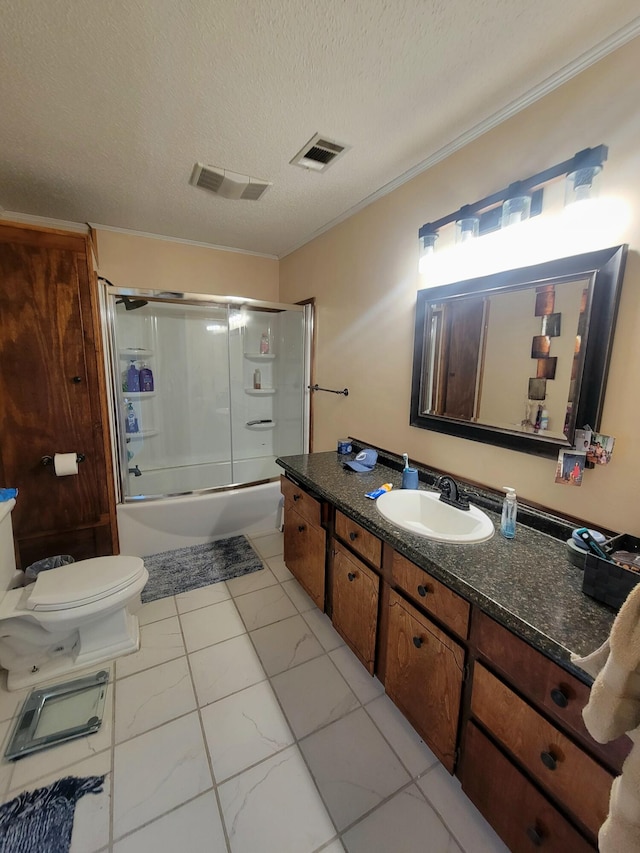 full bathroom with toilet, bath / shower combo with glass door, a textured ceiling, ornamental molding, and vanity