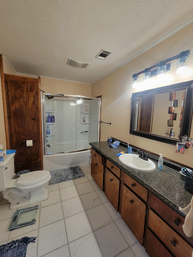 full bathroom featuring toilet, a textured ceiling, combined bath / shower with glass door, vanity, and crown molding