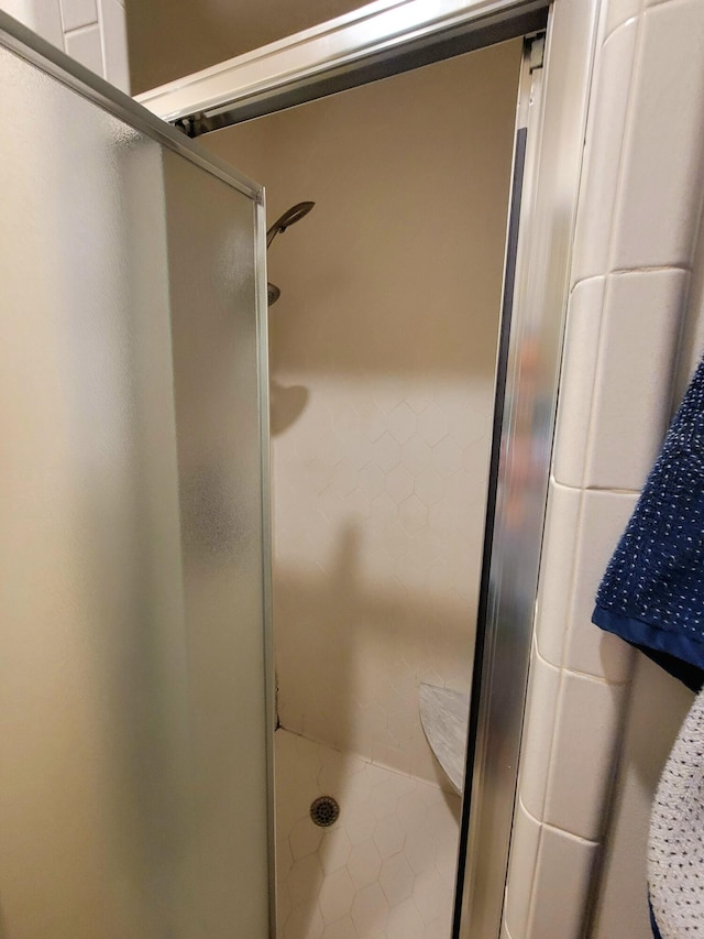 bathroom with a shower with shower door