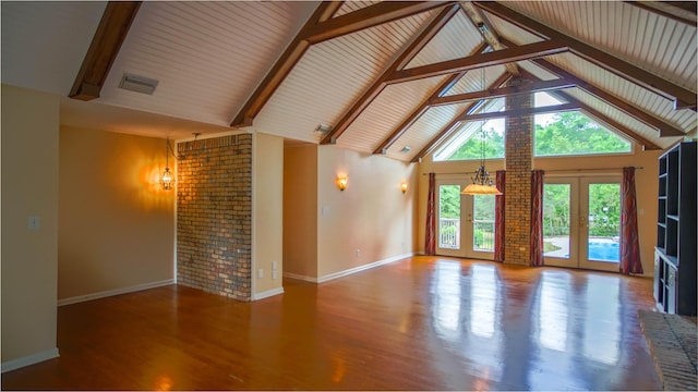 1097 Bob Mccaskill Dr, Defuniak Springs, FL 32433 - unfurnished living room with french doors, high vaulted ceiling, baseboards, beam ceiling, and wood finished floors