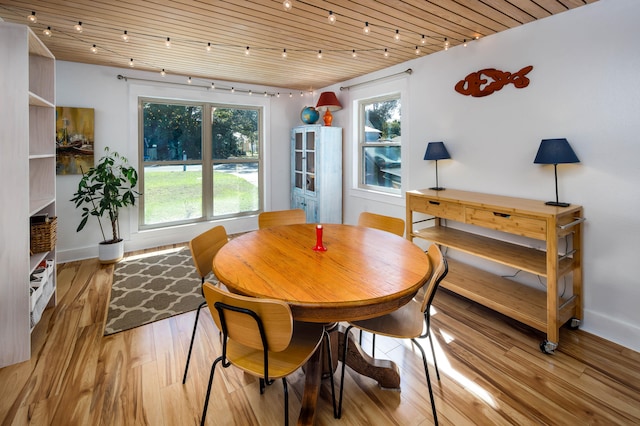 dining space with wooden ceiling and light hardwood / wood-style floors