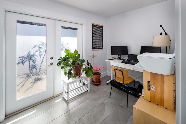 tiled office featuring french doors