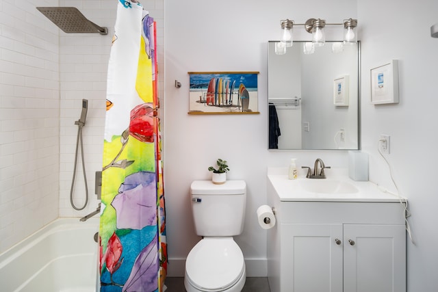 full bathroom with toilet, shower / tub combo with curtain, and vanity