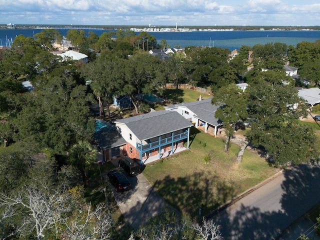 drone / aerial view with a water view