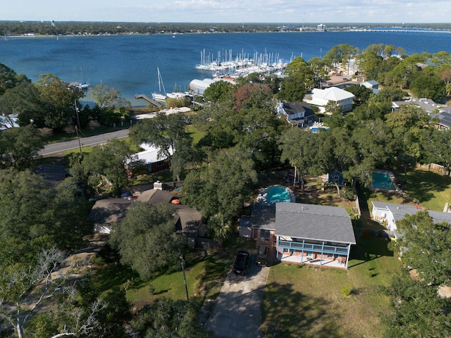 drone / aerial view featuring a water view