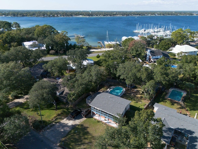 drone / aerial view featuring a water view