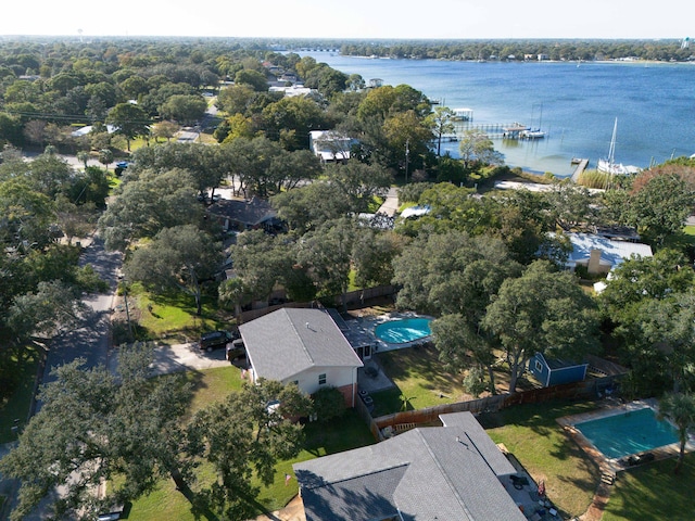 birds eye view of property featuring a water view