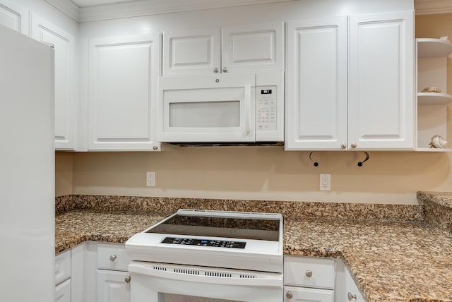 kitchen with crown molding, open shelves, white cabinetry, and white appliances