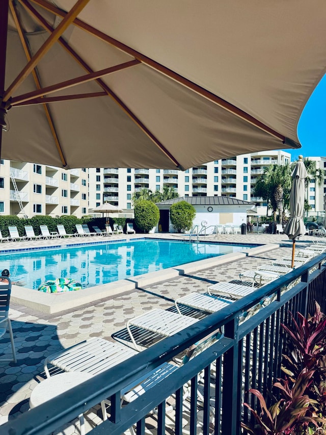 view of swimming pool featuring a patio