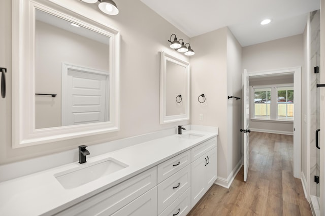 bathroom with vanity and hardwood / wood-style floors