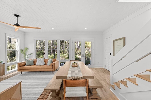 interior space with wooden ceiling and ceiling fan