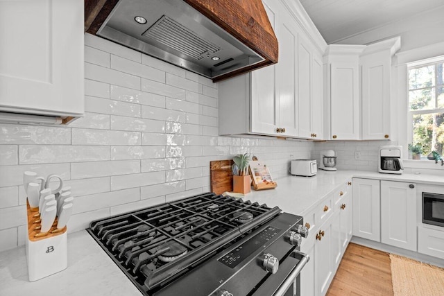 kitchen with custom range hood, white cabinetry, appliances with stainless steel finishes, and decorative backsplash