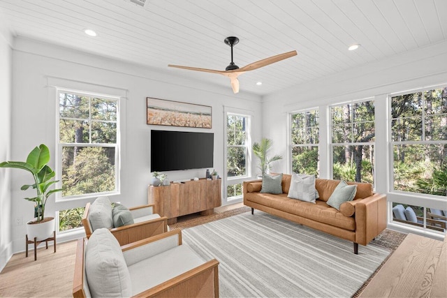 interior space featuring wood ceiling, light wood-type flooring, and ceiling fan