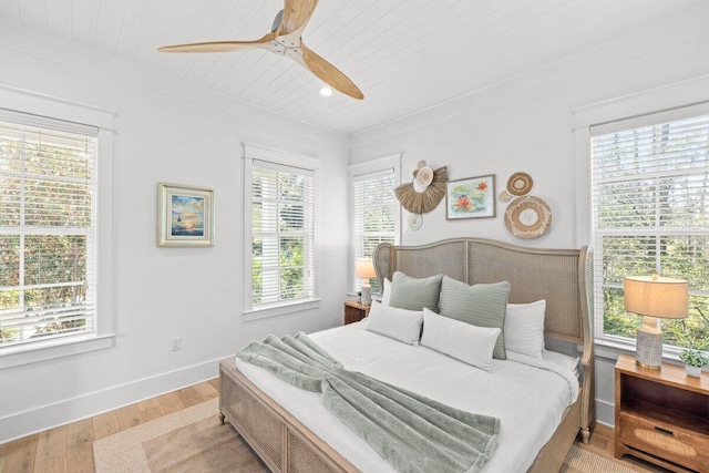 bedroom featuring wooden ceiling, light hardwood / wood-style floors, and ceiling fan