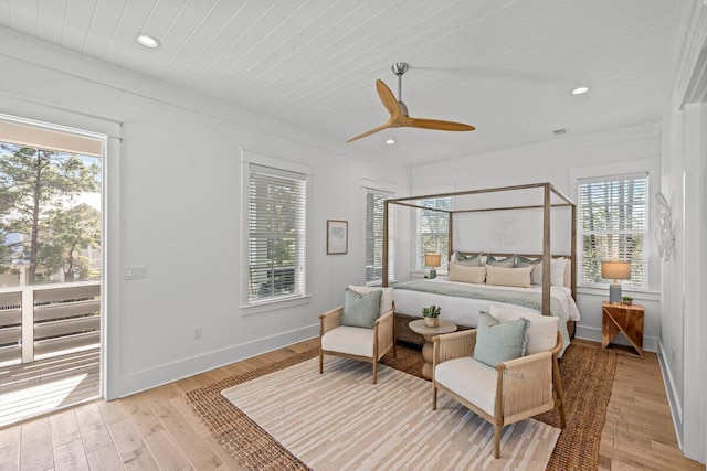 bedroom featuring crown molding, light hardwood / wood-style flooring, wooden ceiling, and ceiling fan