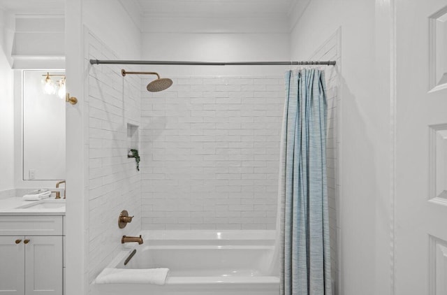 bathroom with vanity and shower / bathtub combination with curtain