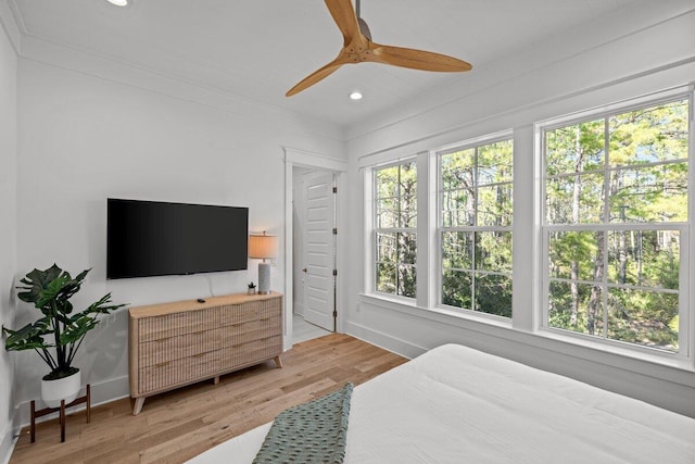 bedroom with ceiling fan and wood-type flooring