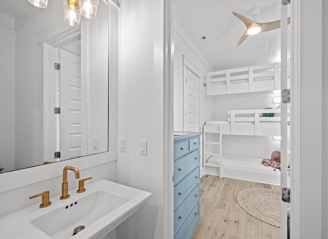 141 Matts Way, Santa Rosa Beach, FL 32459 - bathroom with a sink, wood finished floors, a ceiling fan, and wood ceiling